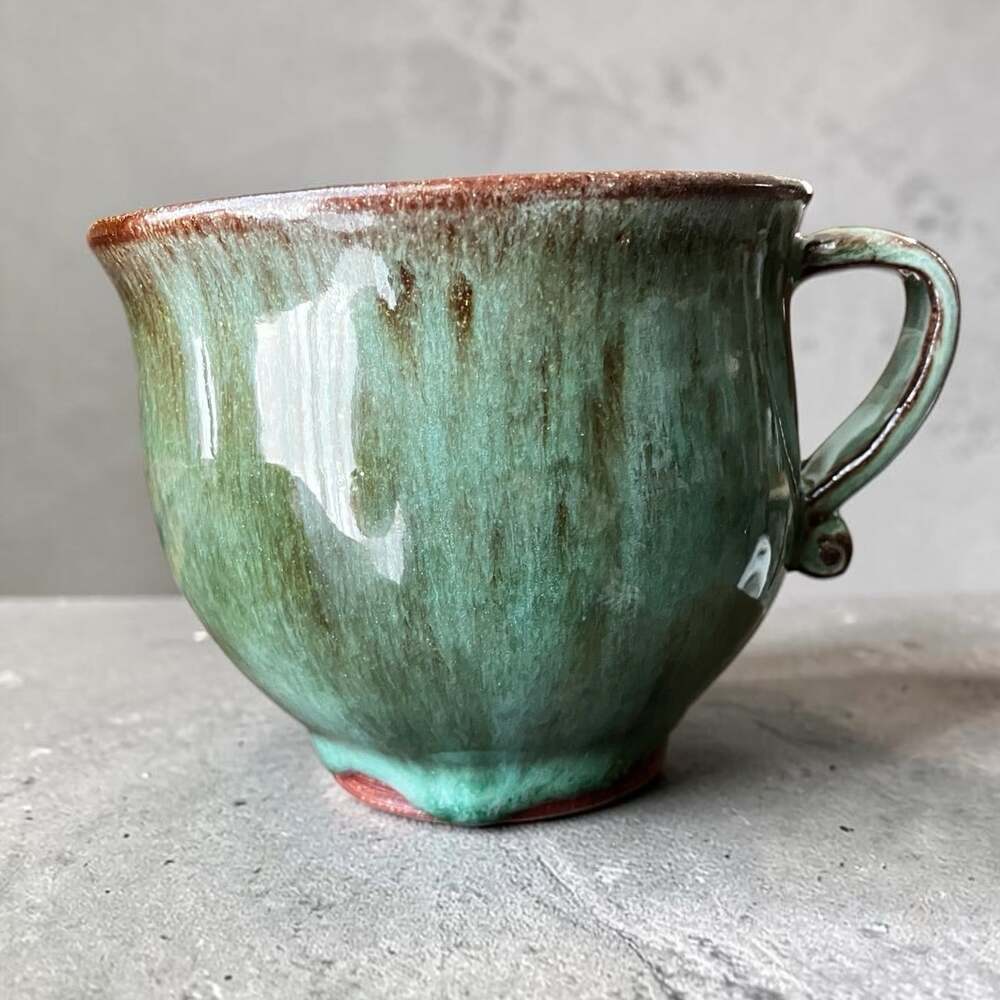 Vintage Studio Pottery Mug Signed Handmade Green Drip Glaze Artisan Ceramic Cup